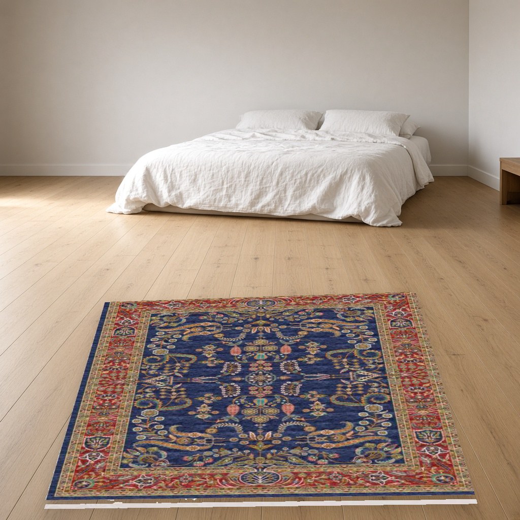 Navy Lattice Medallion Heritage Rug in a bedroom