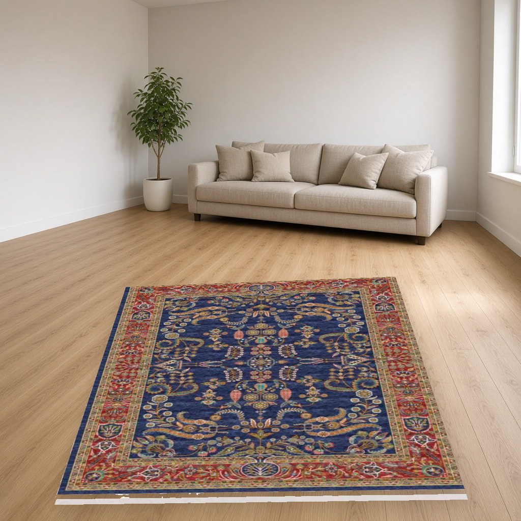 Navy Lattice Medallion Heritage Rug in a living room