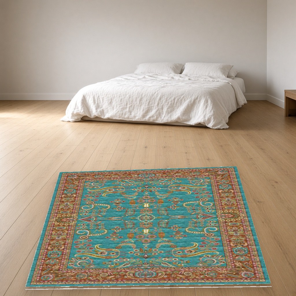 Turquoise Medallion Heritage Rug in a bedroom