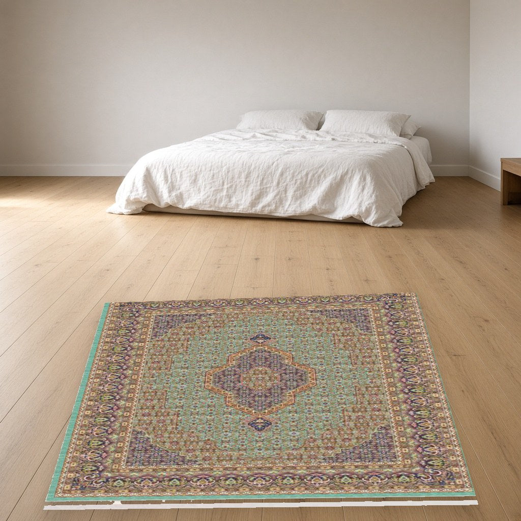 Sage Panel Heritage Rug in a bedroom