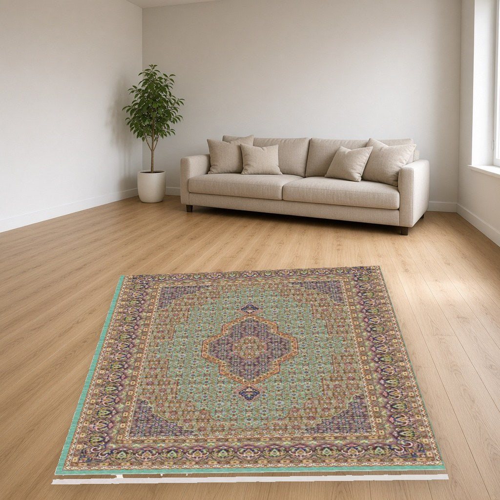 Sage Panel Heritage Rug in a living room