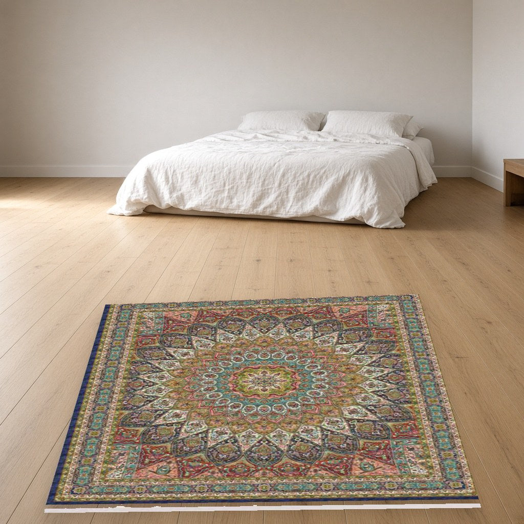 Navy Garden Heritage Rug in a bedroom