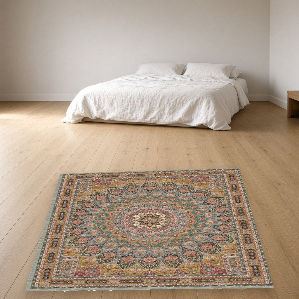 Camel Rosette Heritage Rug in a bedroom