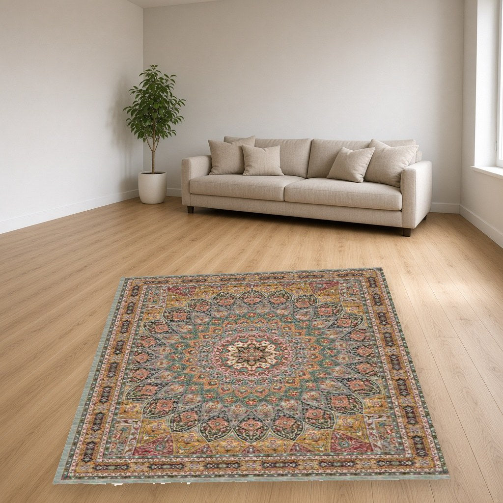 Camel Rosette Heritage Rug in a living room