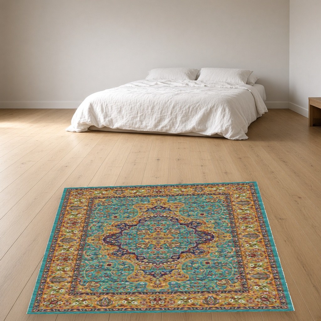 Aqua Medallion Heritage Rug in a bedroom
