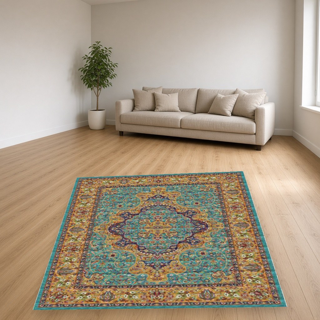 Aqua Medallion Heritage Rug in a living room