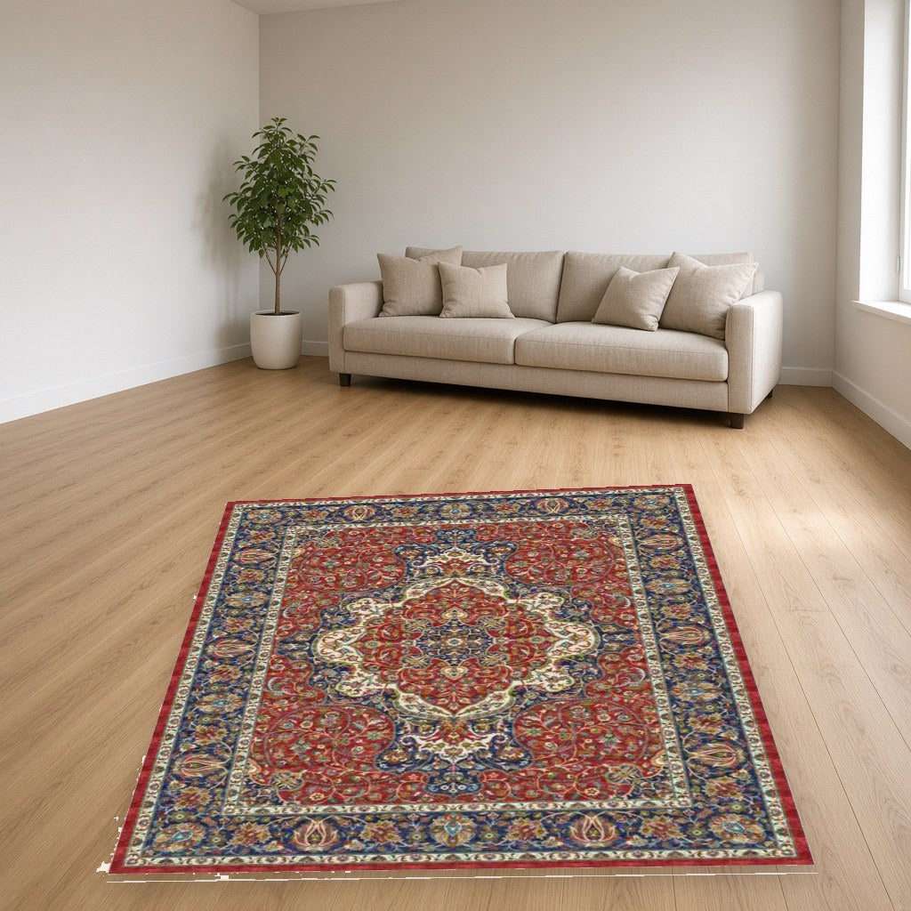 Navy and Red Medallion Heritage Rug in a living room