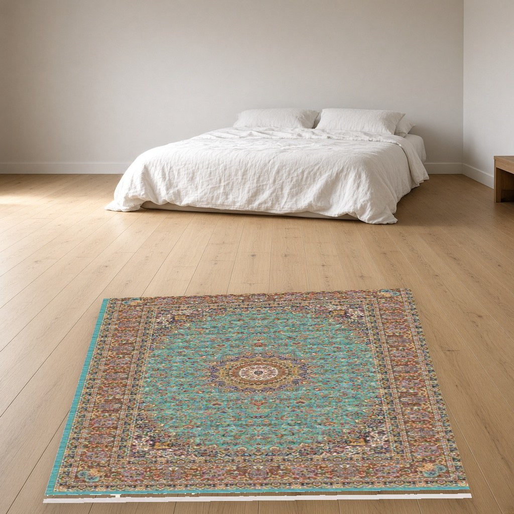 Aqua Vine Heritage Rug in a bedroom