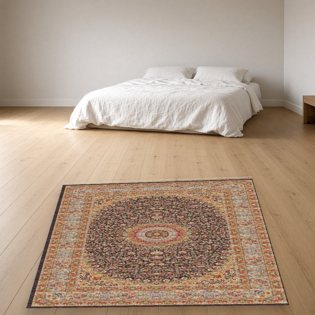 Ivory Garden Panel Heritage Rug in a bedroom