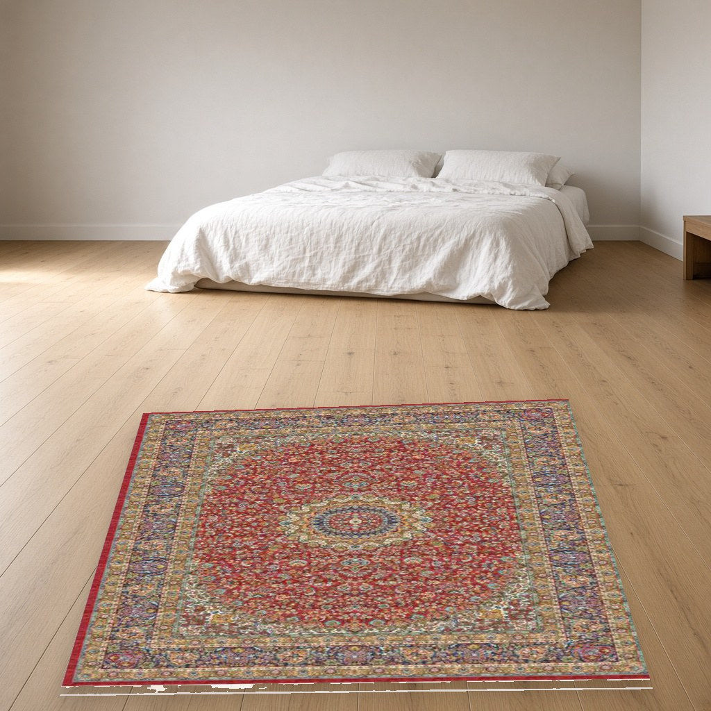 Navy Lattice Heritage Rug in a bedroom