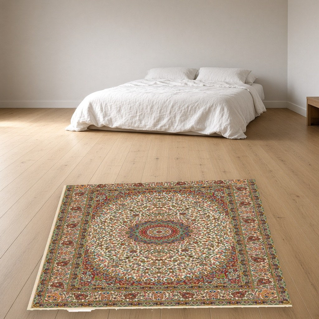 Navy Blossom Heritage Rug in a bedroom