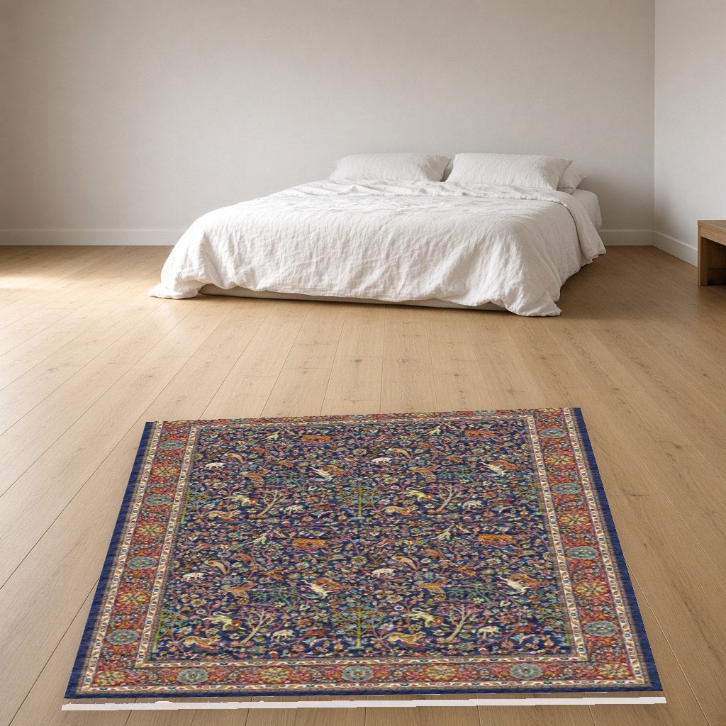 Navy Vine Heritage Rug in a bedroom