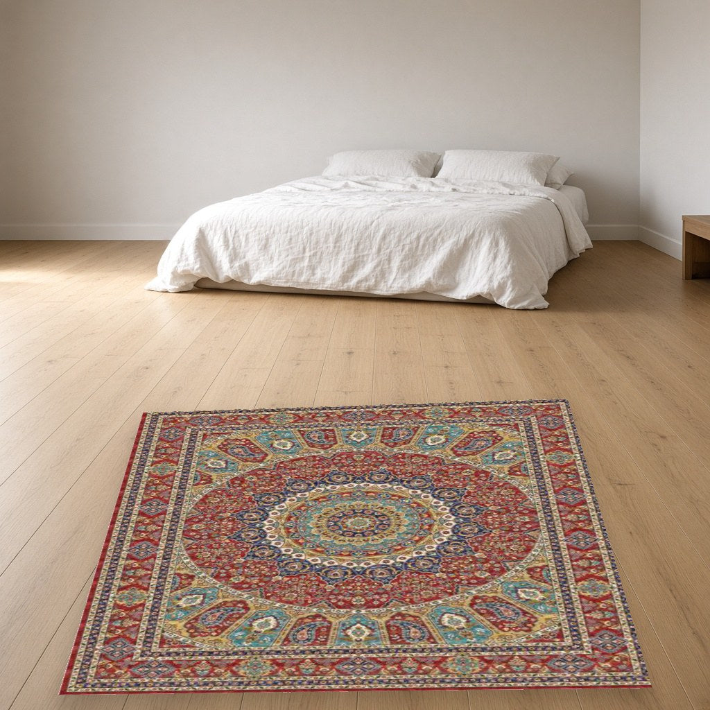 Terracotta Rosette Heritage Rug in a bedroom