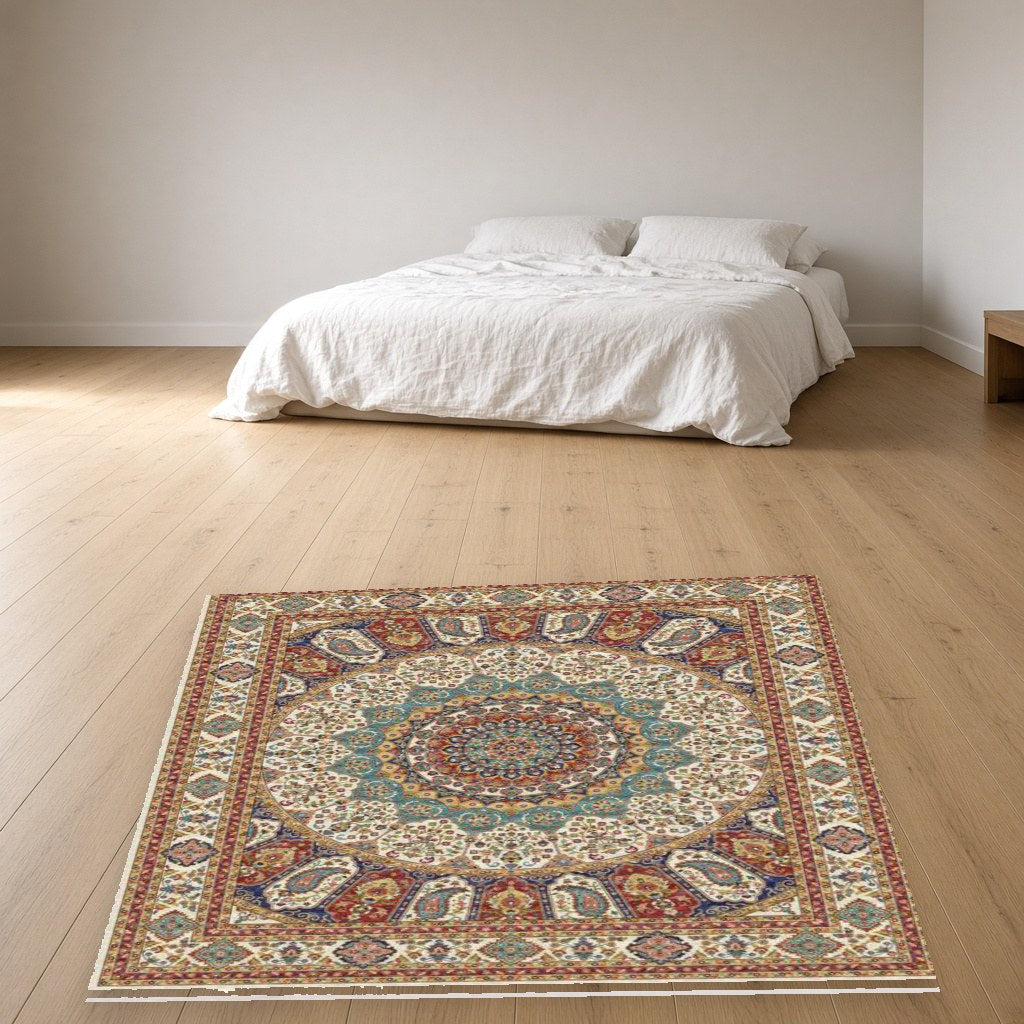Ivory Rosette Heritage Rug in a bedroom