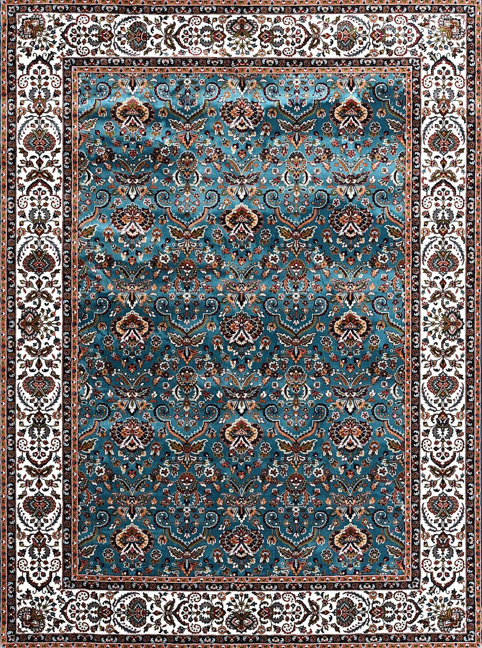Aqua Beige Garden Border Floral Mogul Area Rug, flat view