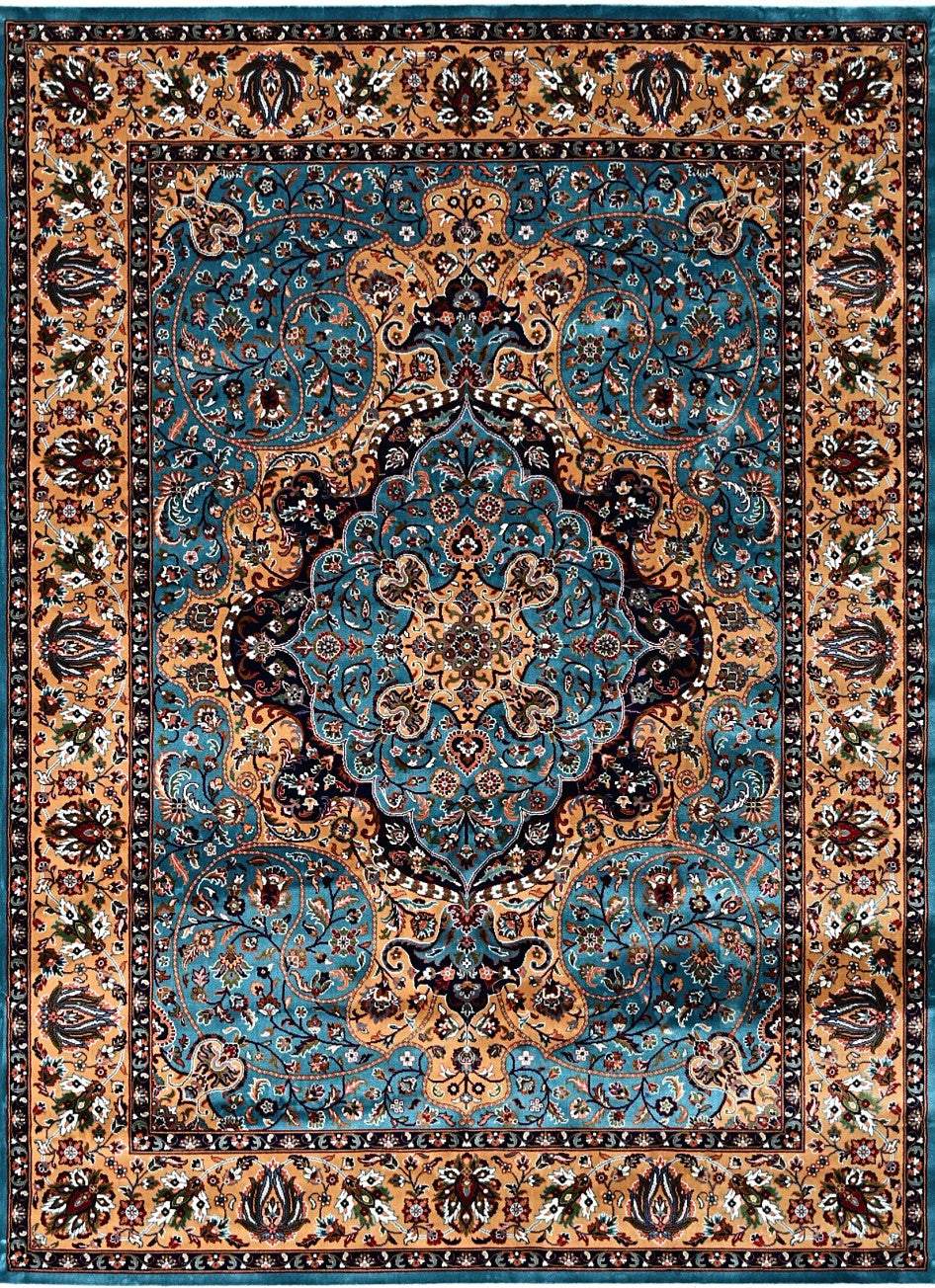 Aqua Gold Jewel Tone Floral Mogul Area Rug, flat view