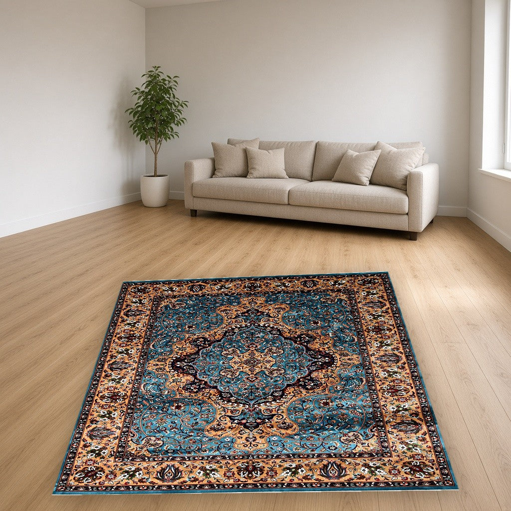 Aqua Gold Jewel Tone Floral Mogul Area Rug in a living room