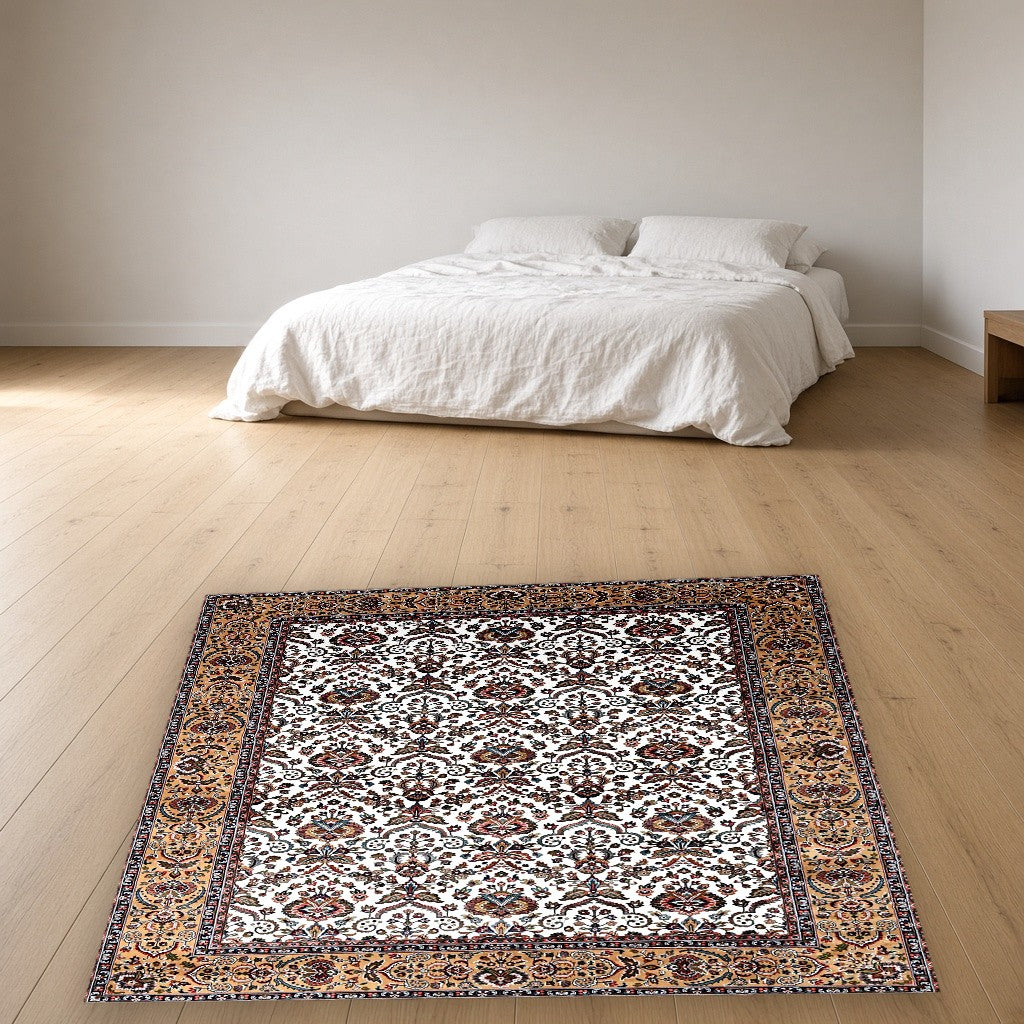 Beige Gold Garden Border Floral Mogul Area Rug in a bedroom