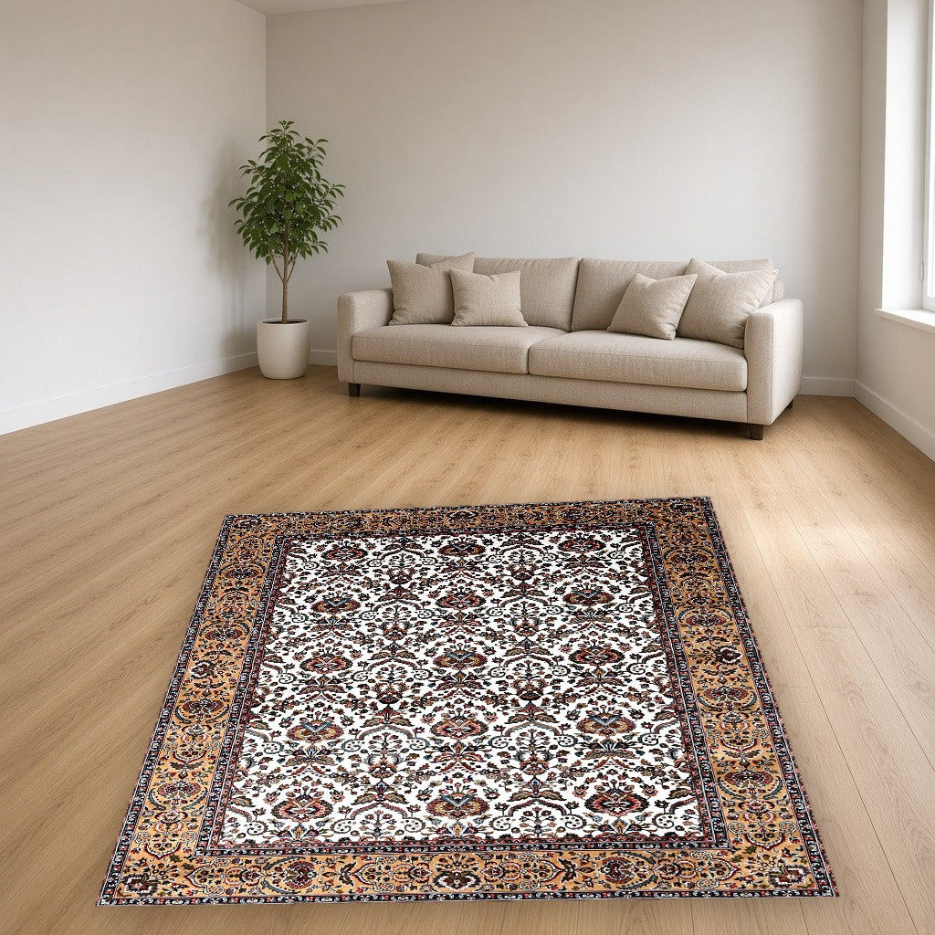 Beige Gold Garden Border Floral Mogul Area Rug in a living room