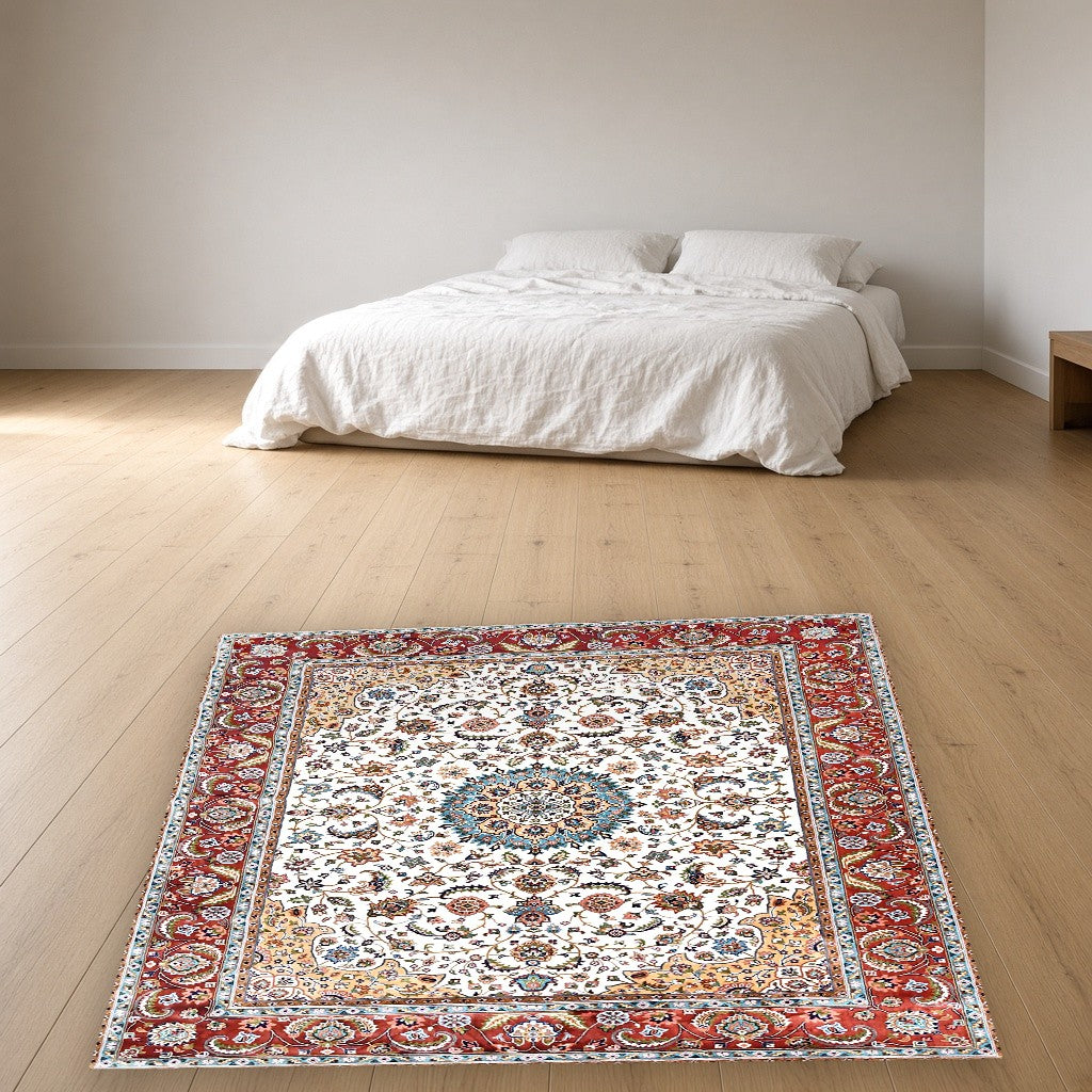 Beige Red Court Lattice Floral Mogul Area Rug in a bedroom