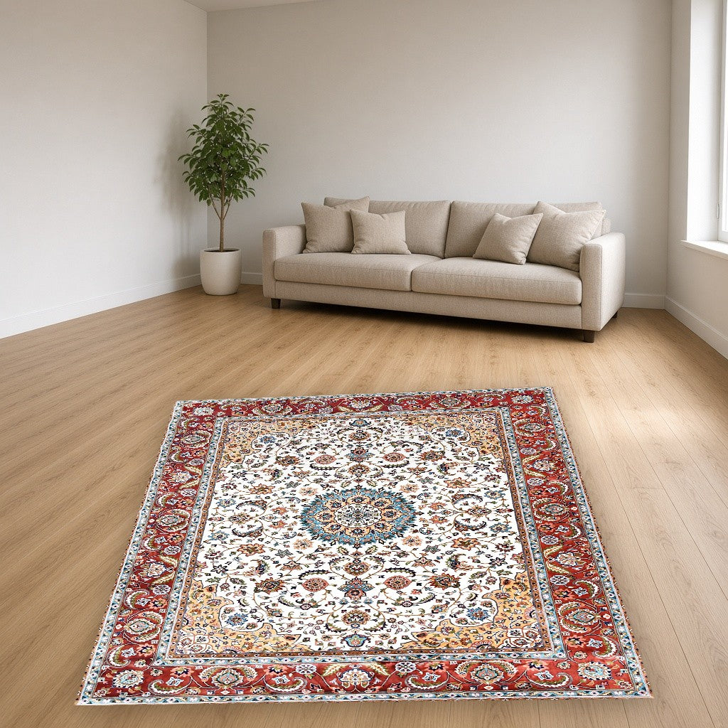 Beige Red Court Lattice Floral Mogul Area Rug in a living room