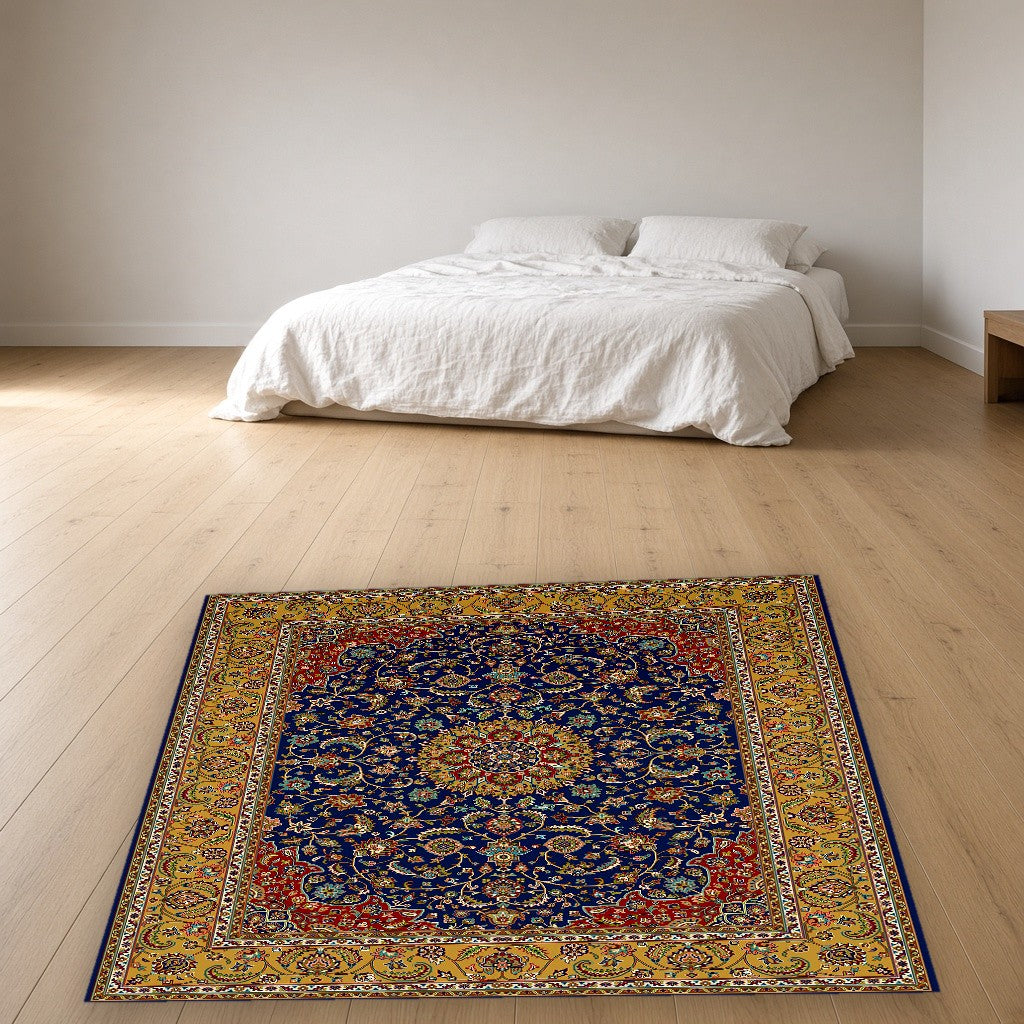 Blue Gold Court Lattice Floral Mogul Area Rug in a bedroom