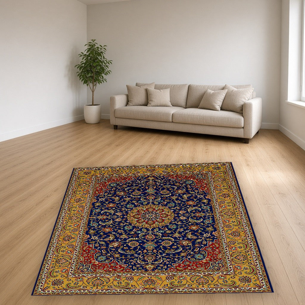 Blue Gold Court Lattice Floral Mogul Area Rug in a living room