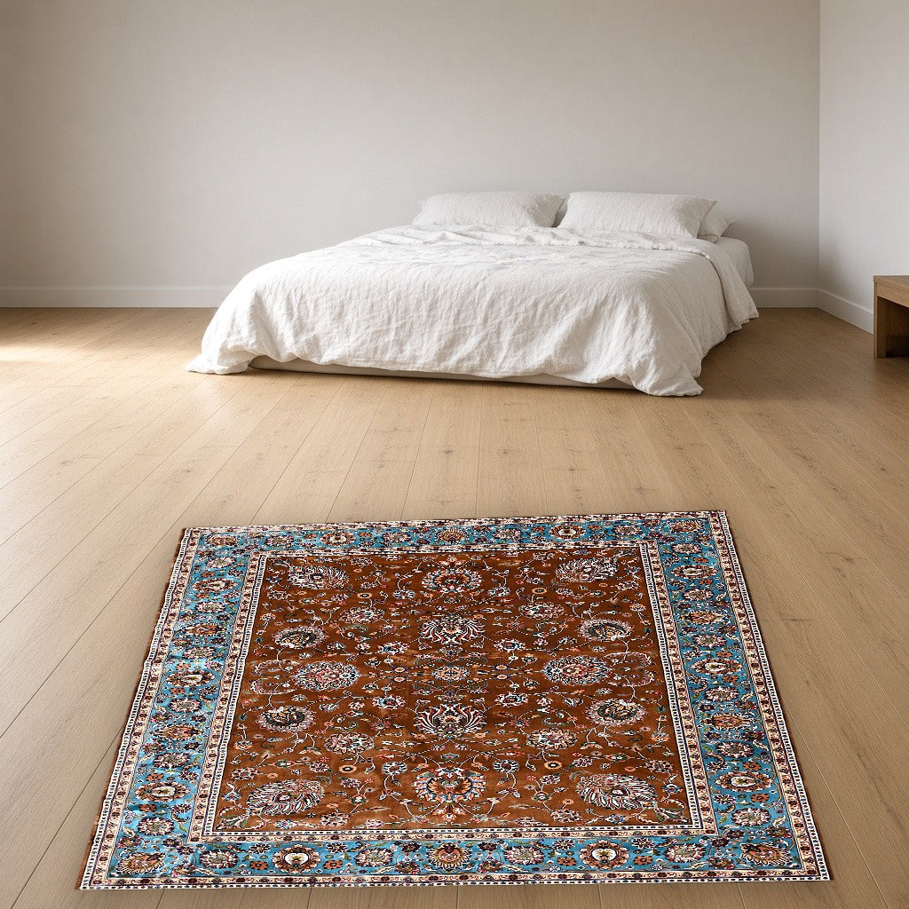 Brown Aqua Classic Herati Field Mogul Area Rug in a bedroom