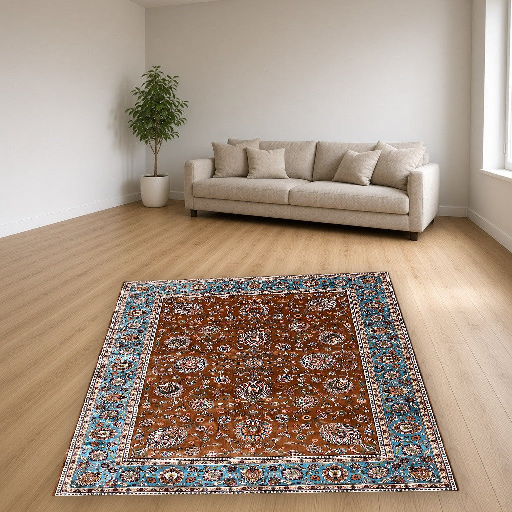 Brown Aqua Classic Herati Field Mogul Area Rug in a living room