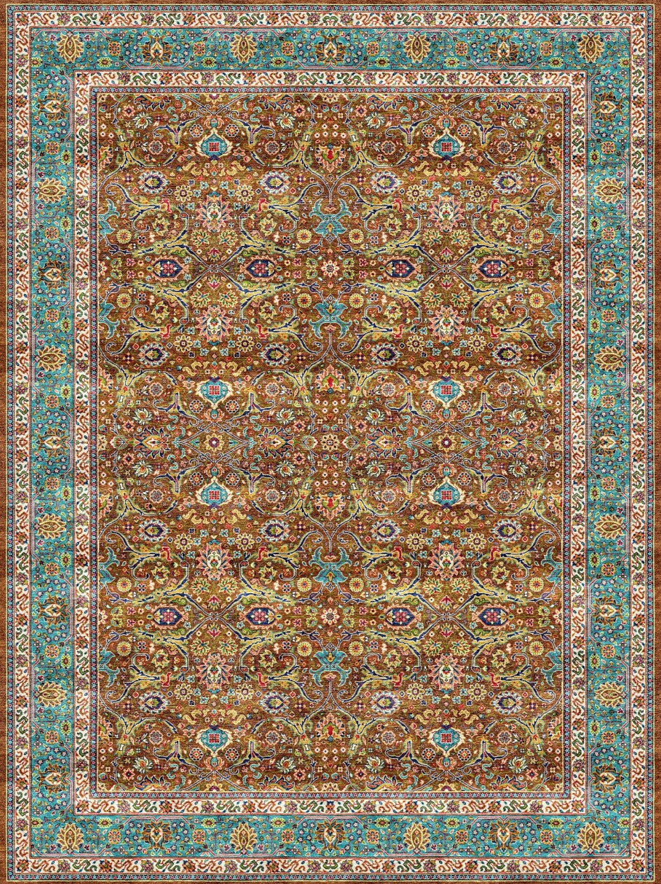 Brown Aqua Heritage Scroll Floral Mogul Area Rug, flat view