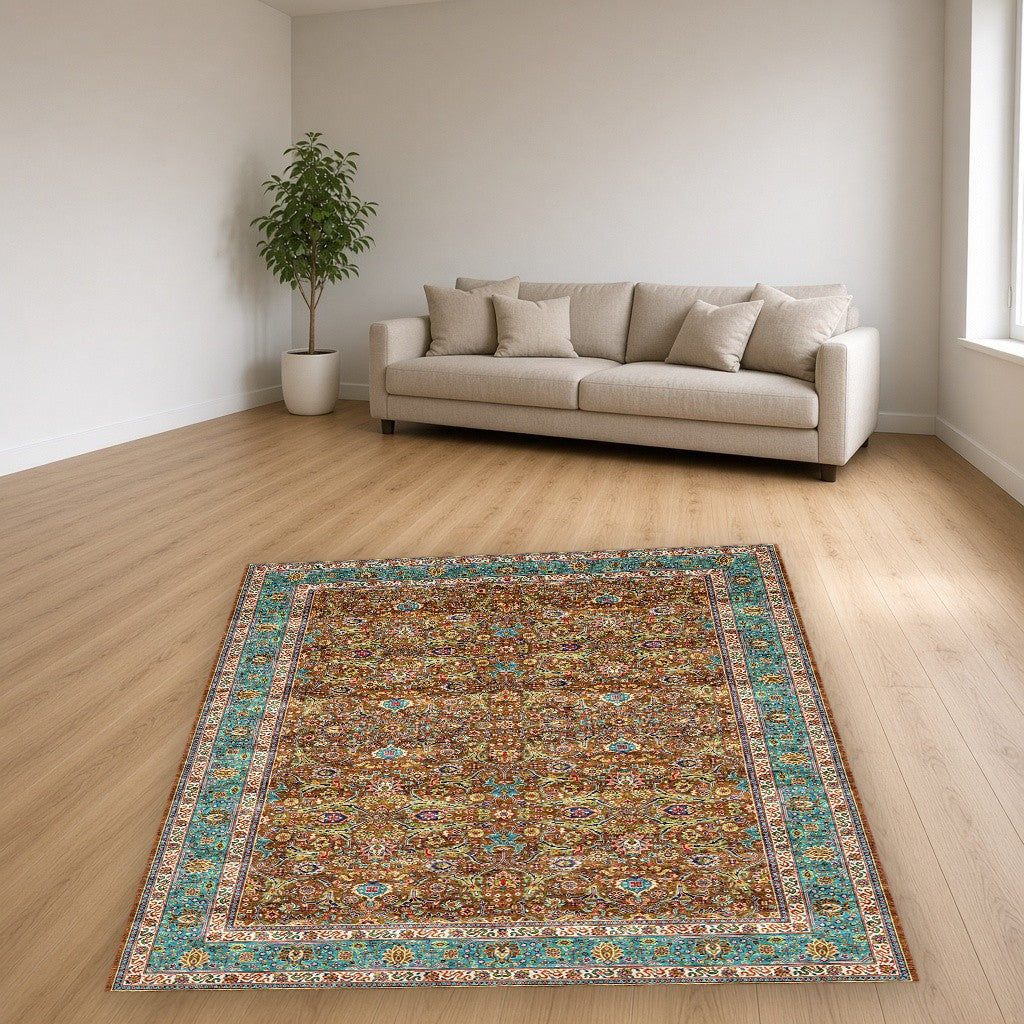 Brown Aqua Heritage Scroll Floral Mogul Area Rug in a living room