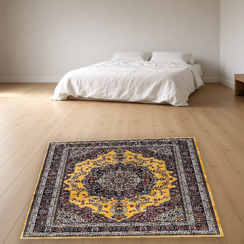 Gold Grand Medallion Mogul Area Rug in a bedroom