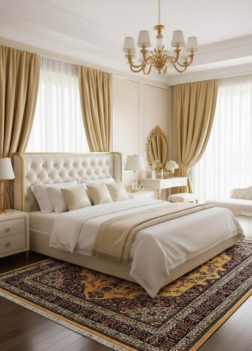 Gold Grand Medallion Mogul Area Rug in a styled room
