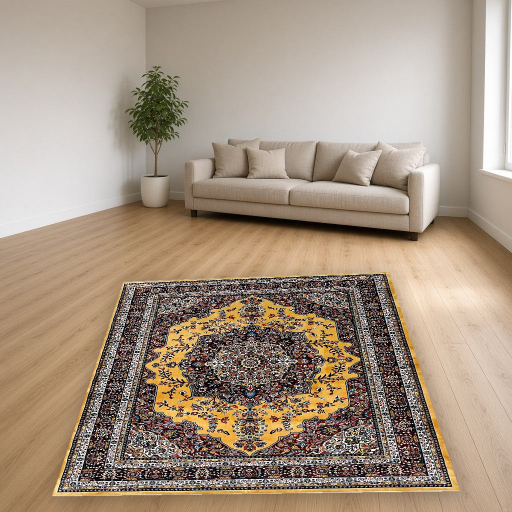 Gold Grand Medallion Mogul Area Rug in a living room