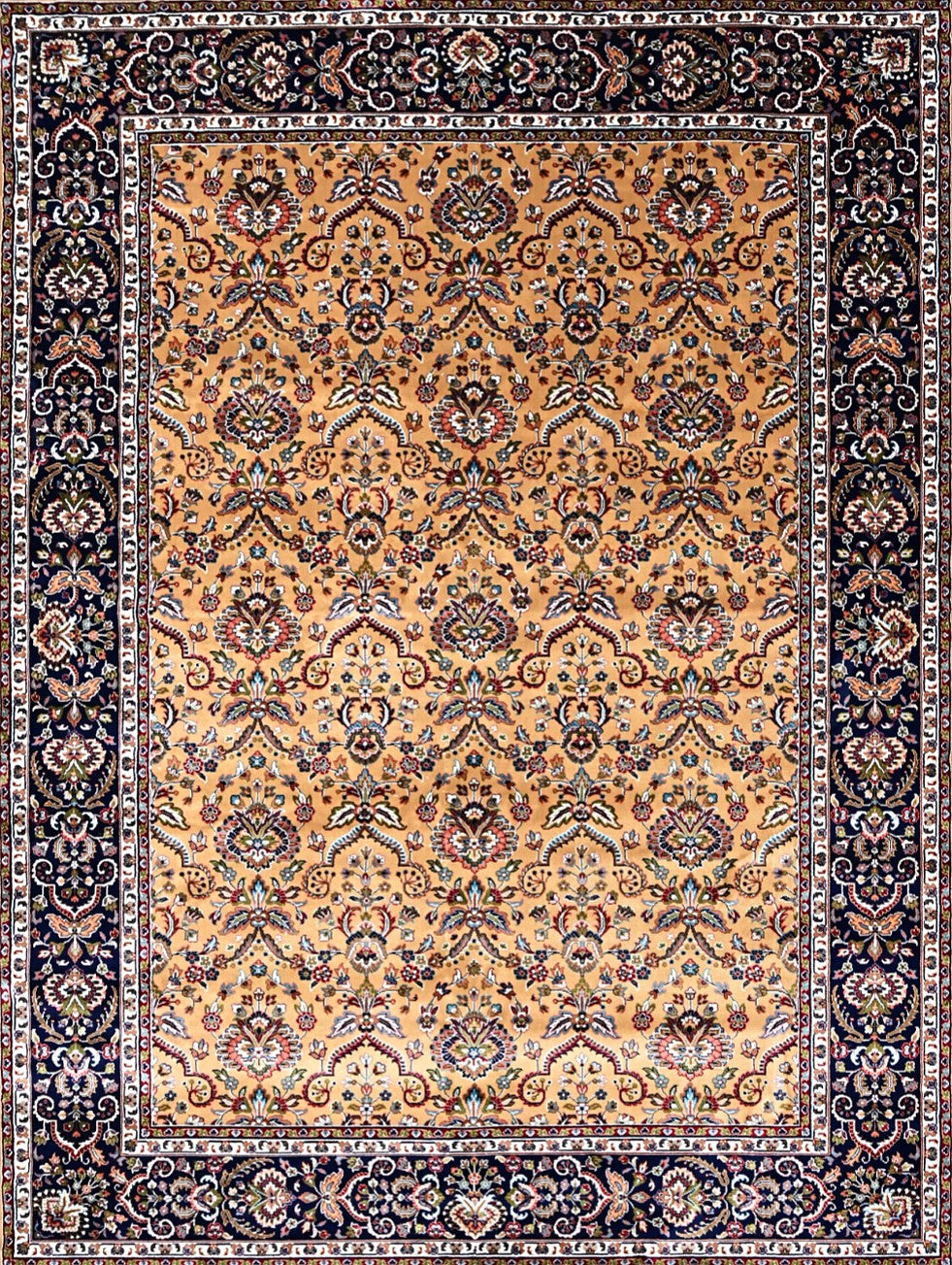 Gold Navy Garden Border Floral Mogul Area Rug, flat view