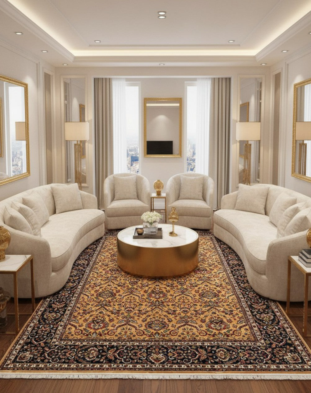 Gold Navy Garden Border Floral Mogul Area Rug in a styled room