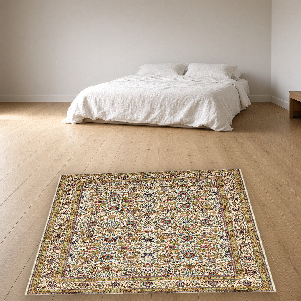 Ivory Heritage Scroll Floral Mogul Area Rug in a bedroom