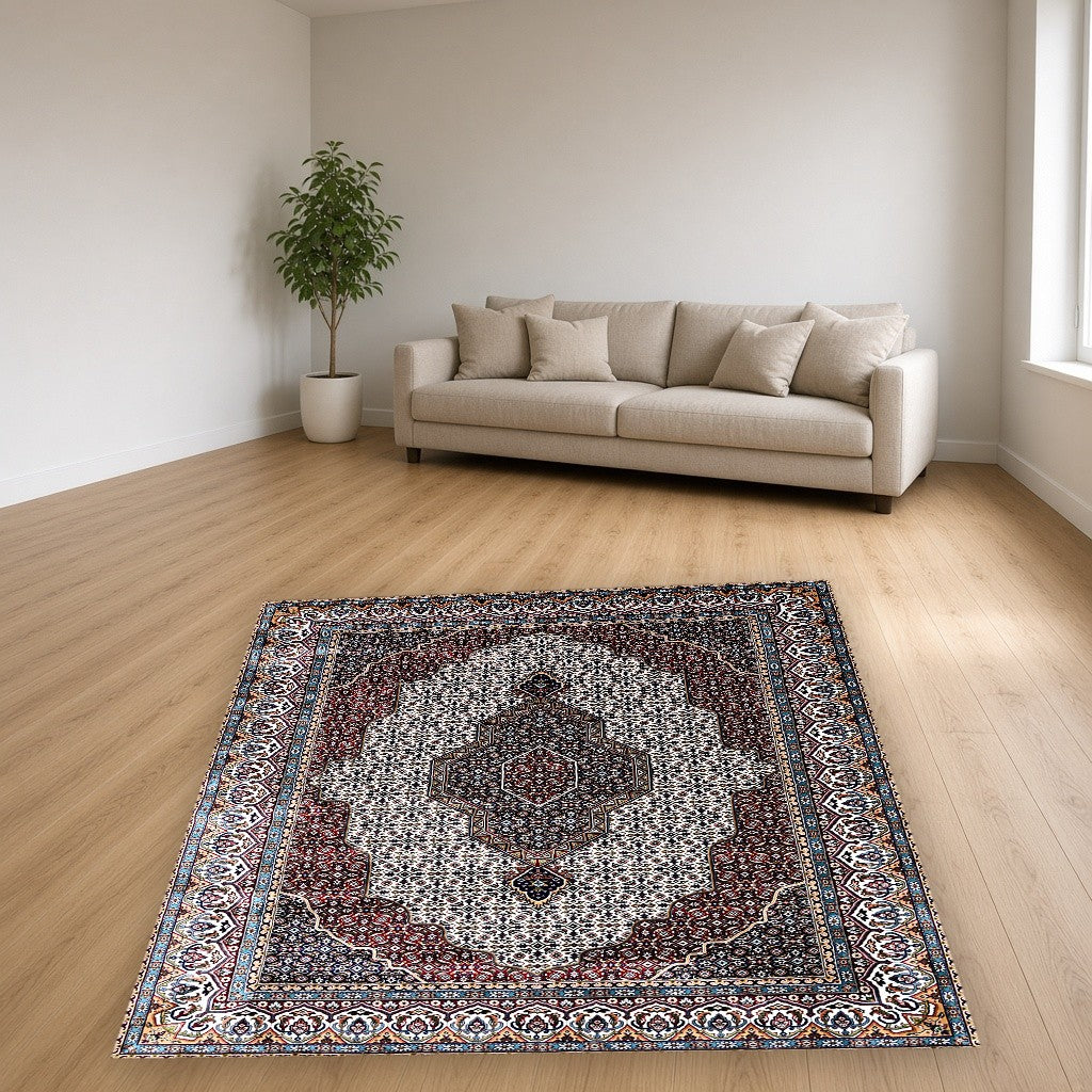 Ivory Ornate Floral Lattice Mogul Area Rug in a living room