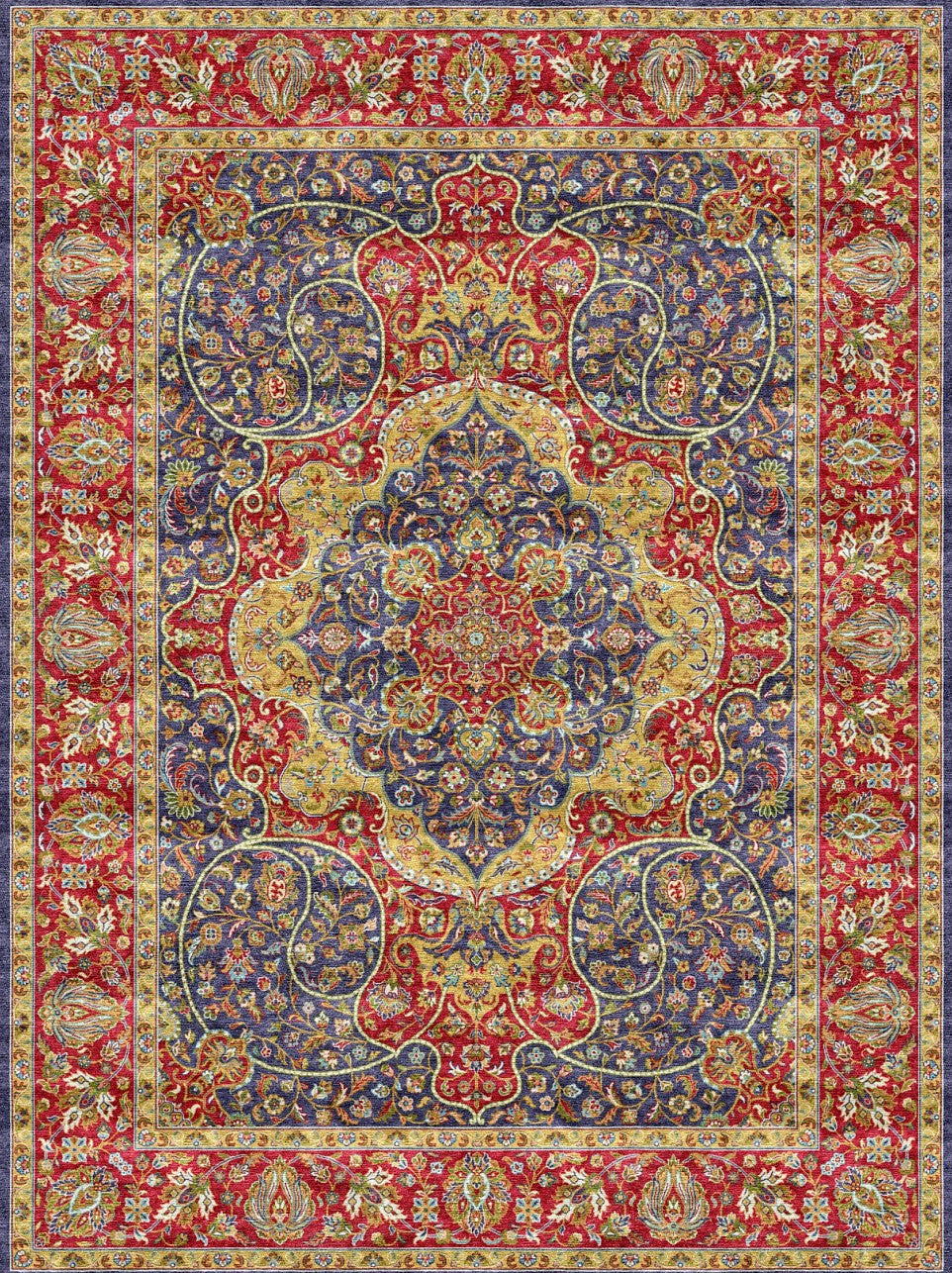 Navy Red Jewel Tone Floral Mogul Area Rug, flat view