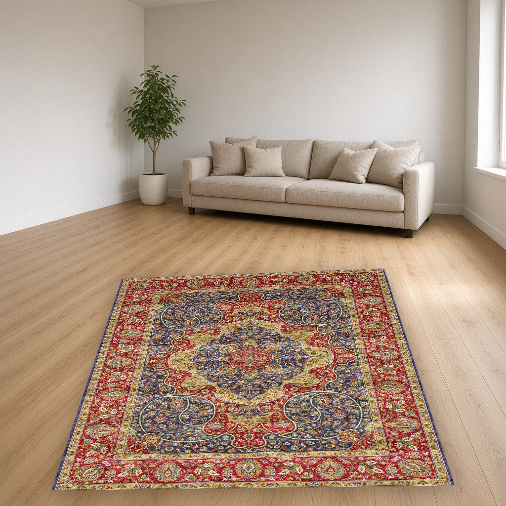 Navy Red Jewel Tone Floral Mogul Area Rug in a living room