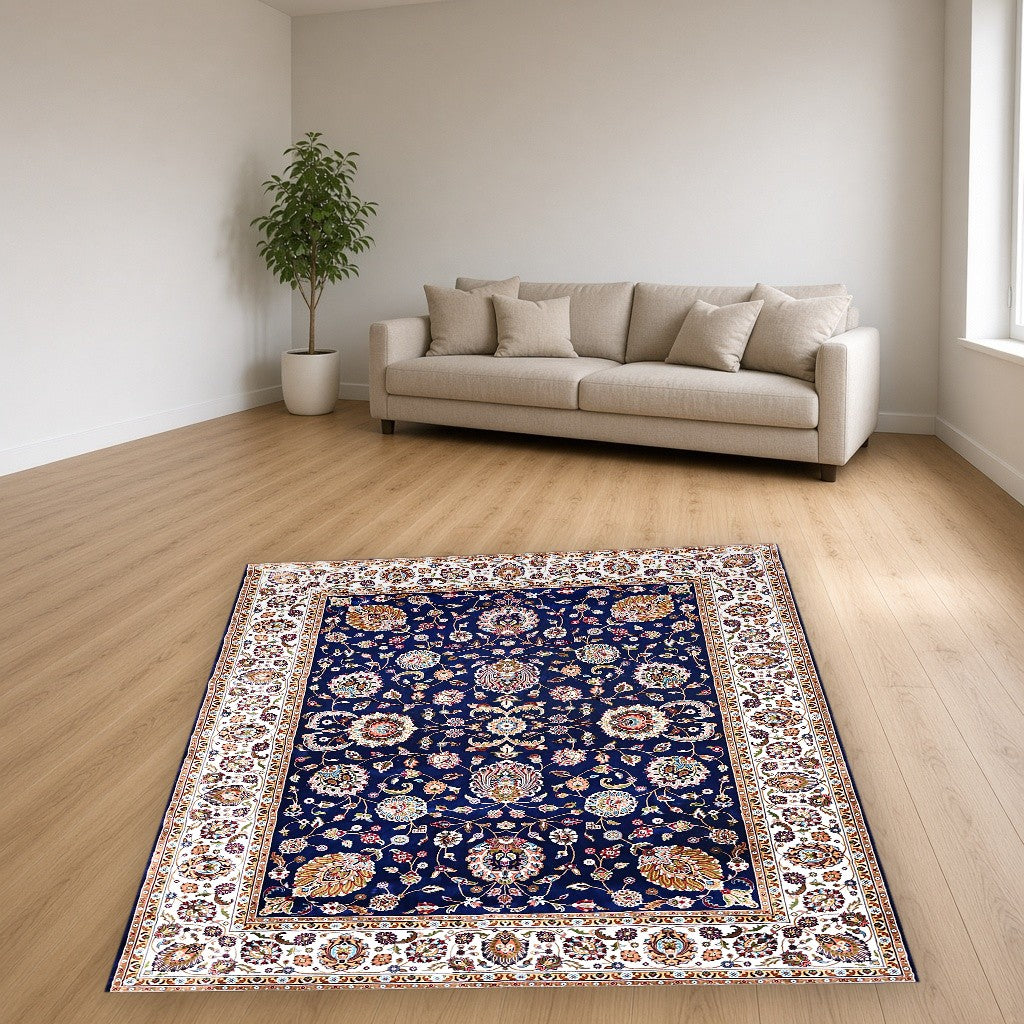 Navy White Classic Herati Field Mogul Area Rug in a living room