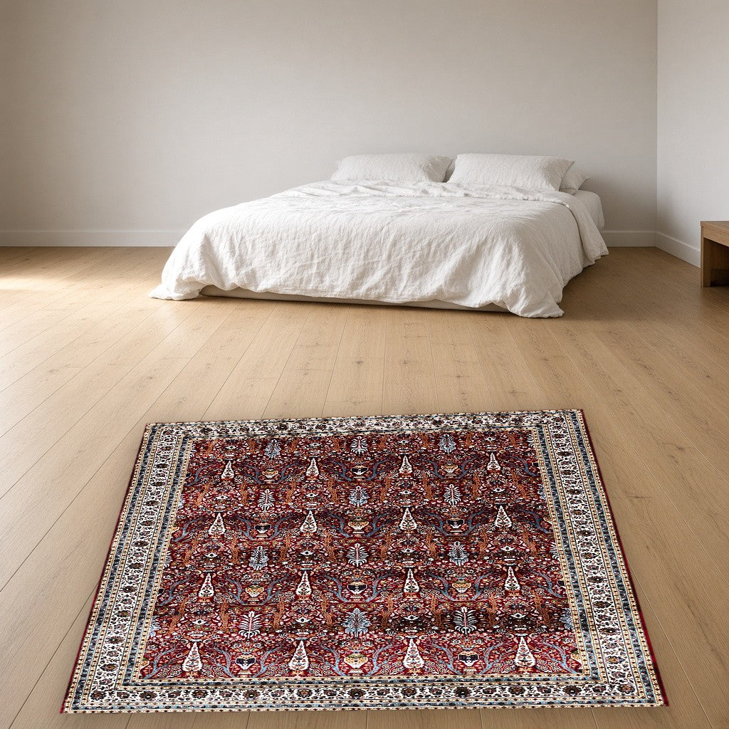 Red Dense Floral Palace Mogul Area Rug in a bedroom