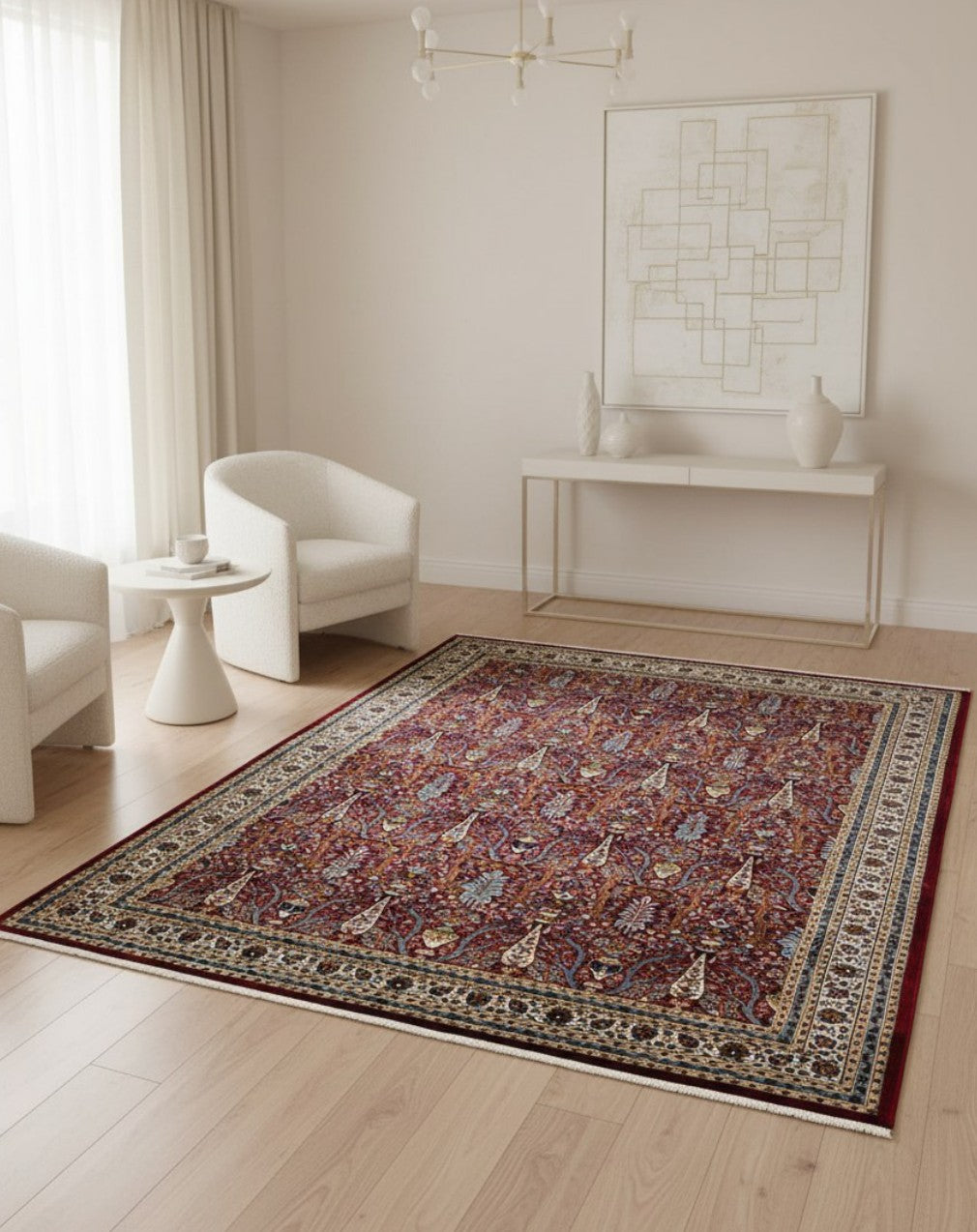 Red Dense Floral Palace Mogul Area Rug in a styled room