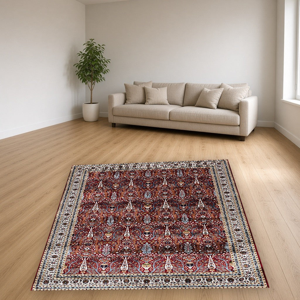 Red Dense Floral Palace Mogul Area Rug in a living room