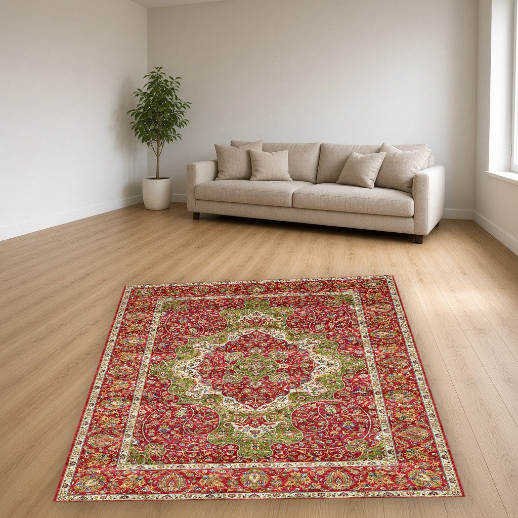 Red Green Jewel Tone Floral Mogul Area Rug in a living room