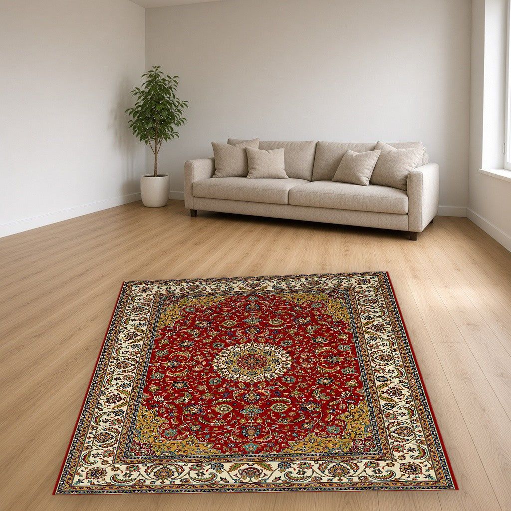Red Ivory Court Lattice Floral Mogul Area Rug in a living room