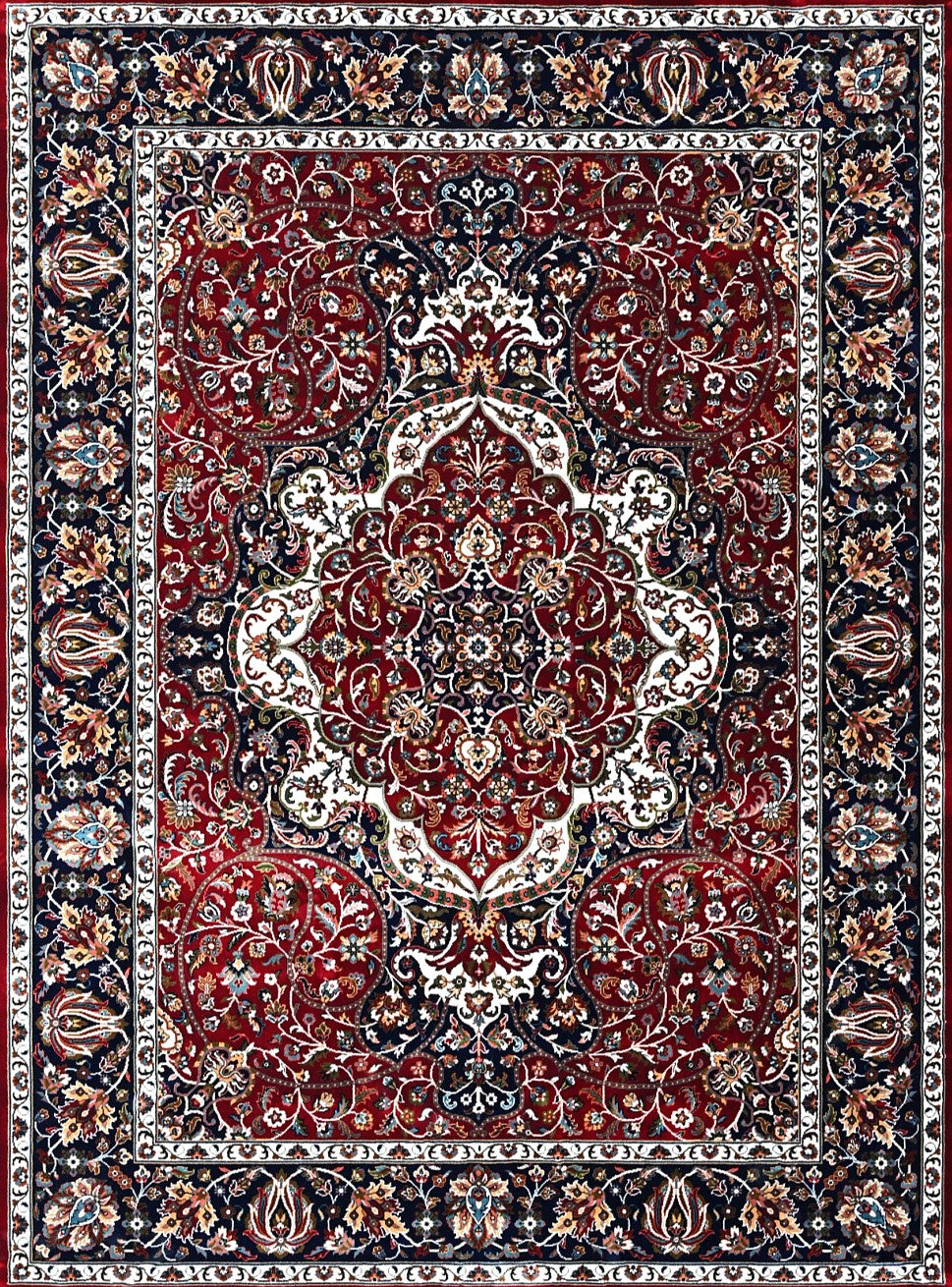 Red Navy Jewel Tone Floral Mogul Area Rug, flat view