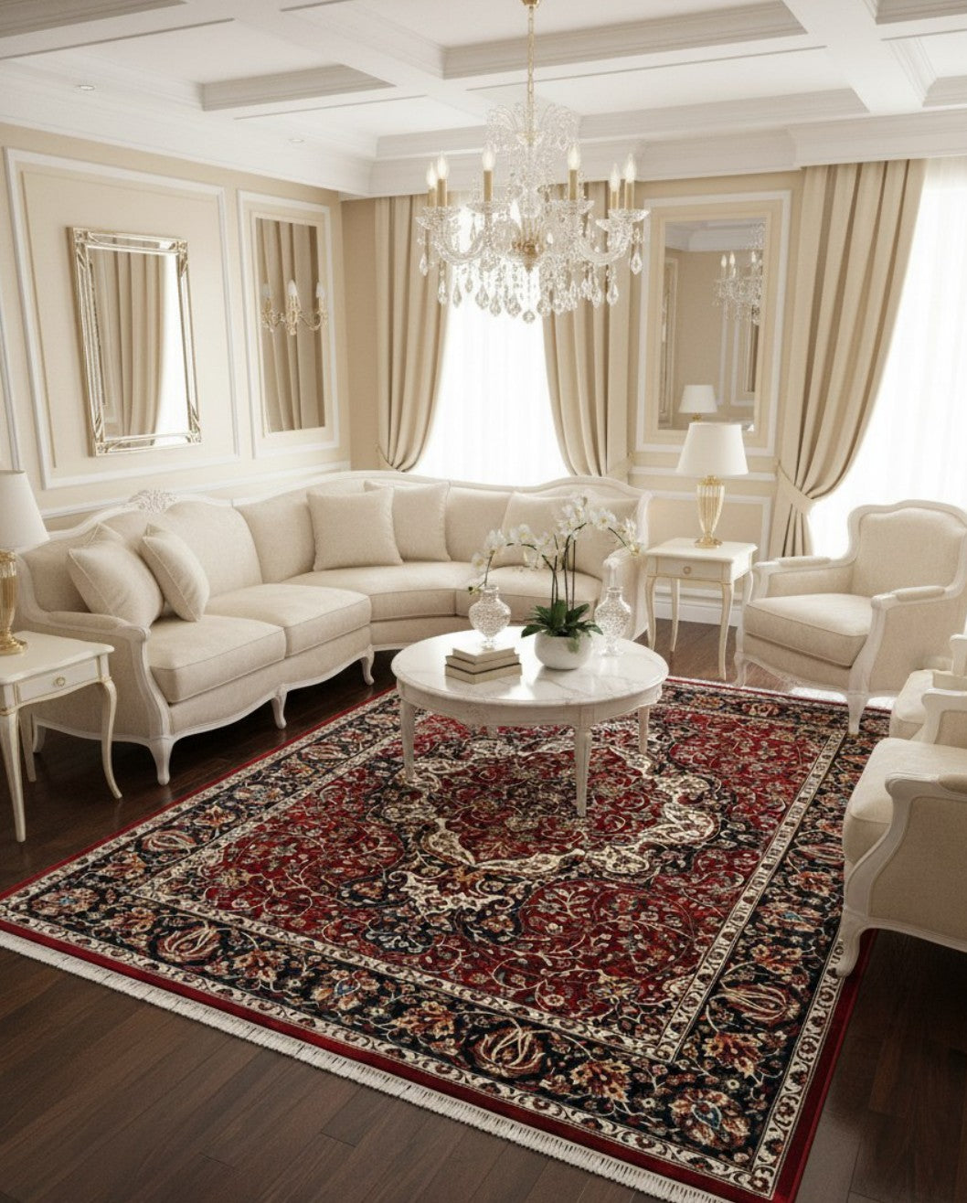 Red Navy Jewel Tone Floral Mogul Area Rug in a styled room