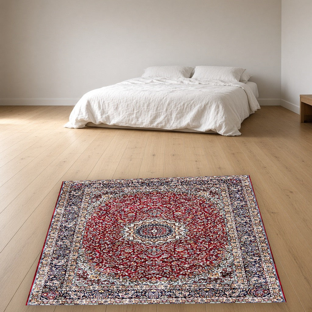 Red Navy Royal Centerpiece Mogul Area Rug in a bedroom