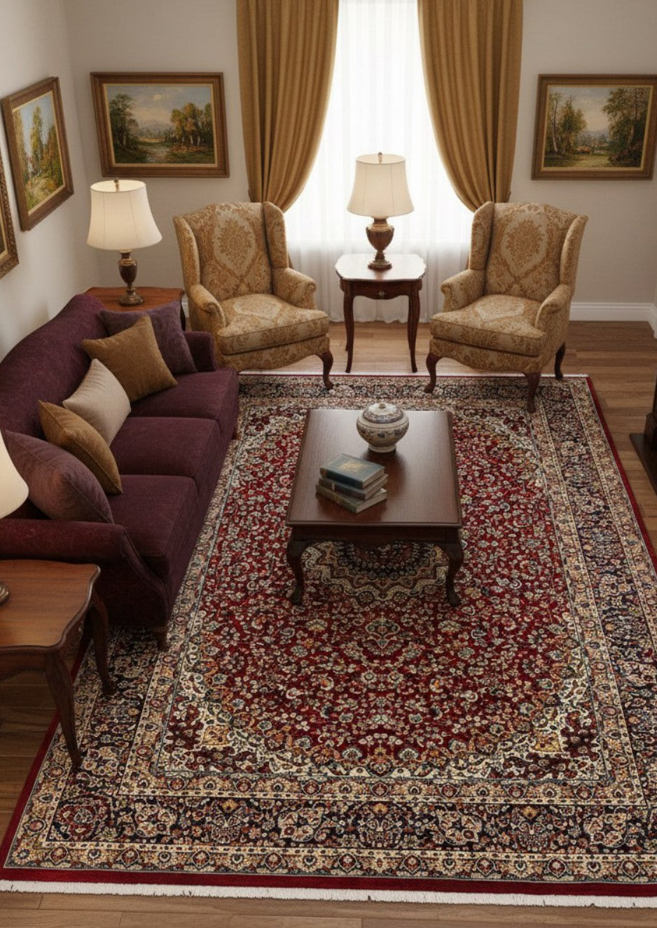 Red Navy Royal Centerpiece Mogul Area Rug in a styled room